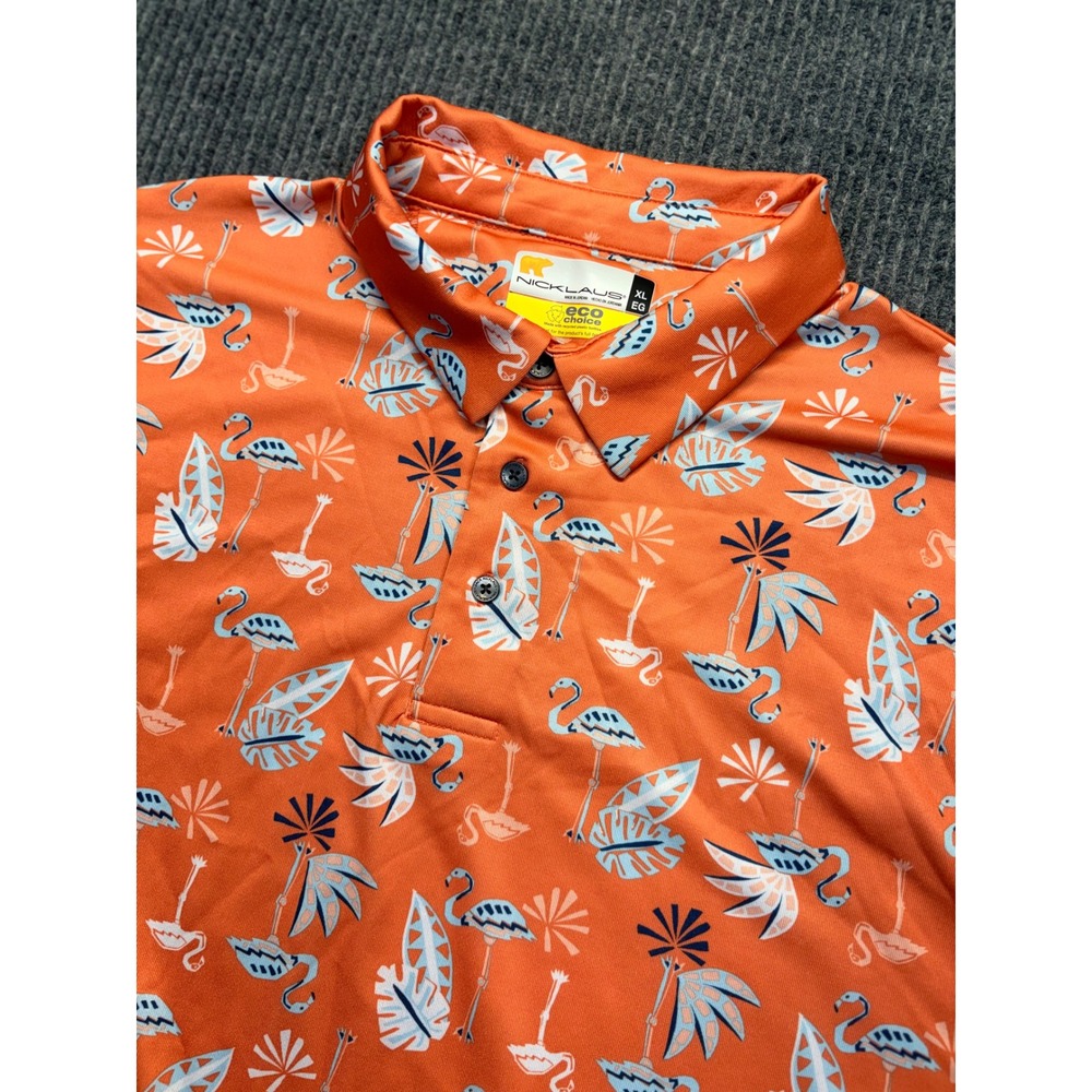 Nicklaus Mens XL Orange Flamingo Tropical Print Eco Choice Golf Polo Shirt